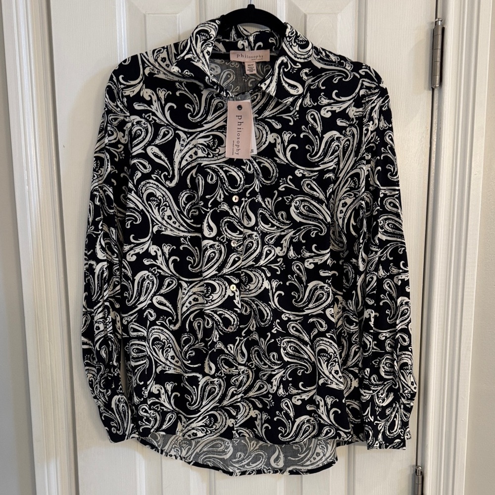 NWT Philosophy Black & White Paisley Print Button Down Blouse